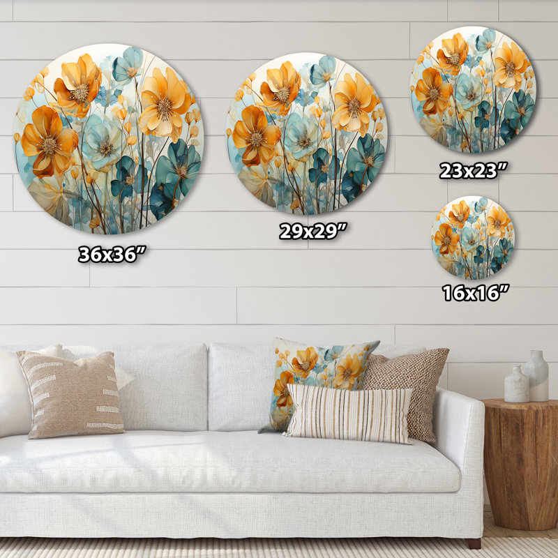 «Teal Orange Botanical Fragments I», art abstrait en métal rond, H 16 po x l 16 po