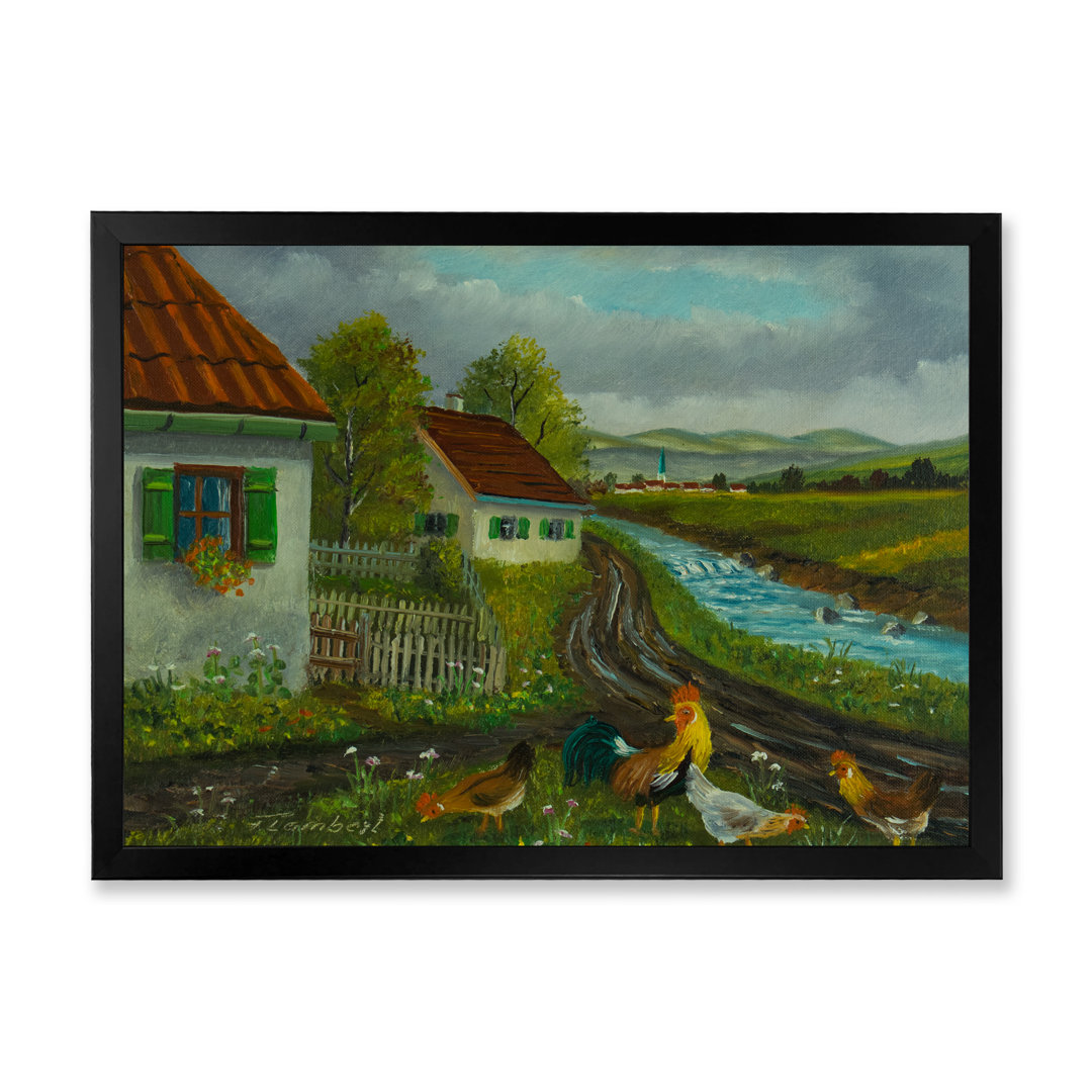 " Three Chickens And A Cock In A Meadow With Flowers " Painting Print East Urban Home