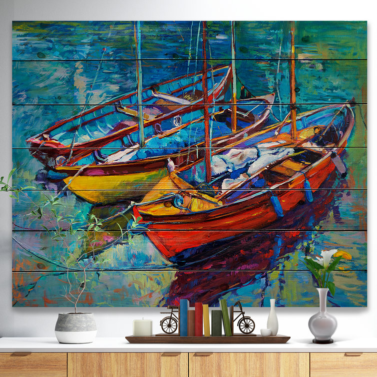 Designart 'Three Fishing Boat Oil' Nautical & Coastal Wood Wall Art Panels - Natural Pine Wood - 12 in. Wide x 8 in. High