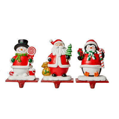 6.5''H Set of 3 Resin Santa, Snowman, Penguin Stocking Holder