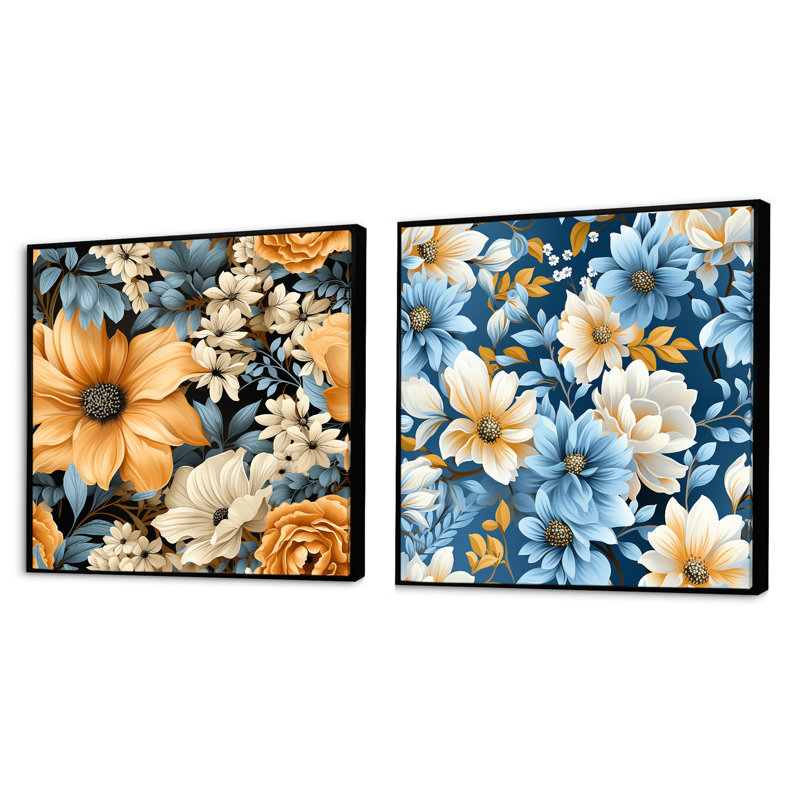 Ensemble de 2 fleurs jaunes et bleues de style campagnard, Cadre flottant noir, H 16 po x l 33 po