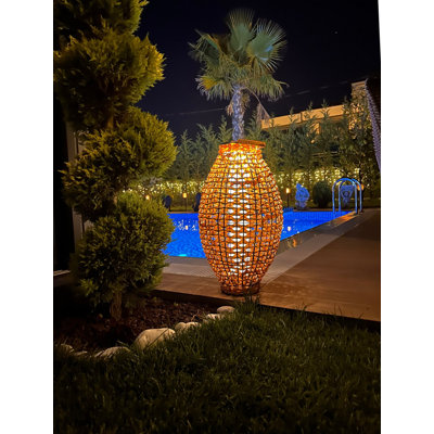 Modern Solar Wicker Floor Lamp, Oak, 15.7 in Diameter x 28.3 in Height | IP65 Waterproof | 1 x 2 4W Integral LED, 3000K, 80 Lumen | Stylish and Energy-Efficient Lighting for Home & Patio