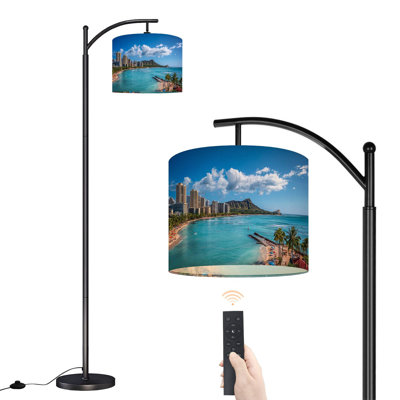Arc Floor Lamp with Adjustable Lampshade coastal waikiki beach diamond head oahus Hawaii Ocean Island Palm Tree Standing Lamp 3 Color Temperatures Dimmable Tall Pole Lamp with Foot Switch for Bedroom