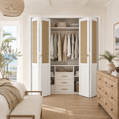 48" x 80" Double White Solid Manufactured Wood And Imitation Rattan Hand-Woven Bi-Fold Closet Doors With Hardware Kit