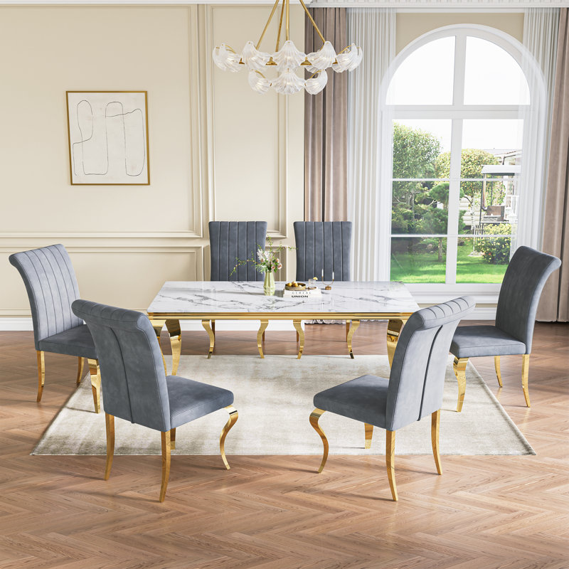 70" Large Rectangular Marble Dining Table, Elegant Faux Marble Kitchen Table With S-Shape Stainless Steel Legs, Luxury Dining Table