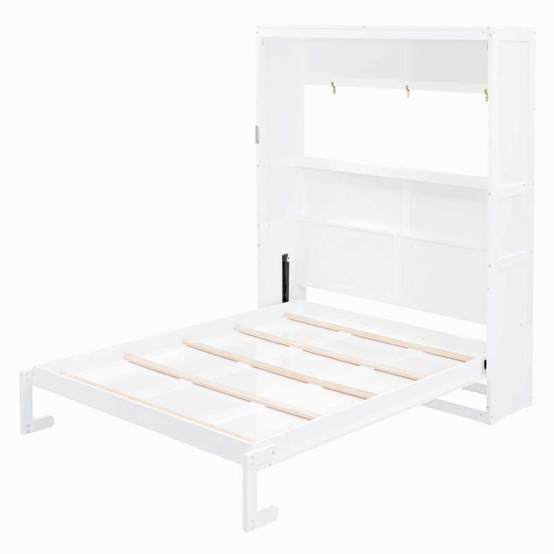 Grand lit escamotable mural avec tablettes, Blanc, Grand lit