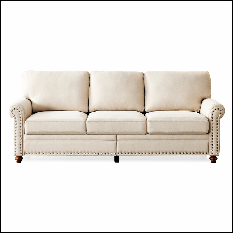 Linen Storage Sofa with Removable Boxes – Solid Wood & Metal Frame, 7" Cushions, Silver Nail Trim, Beige