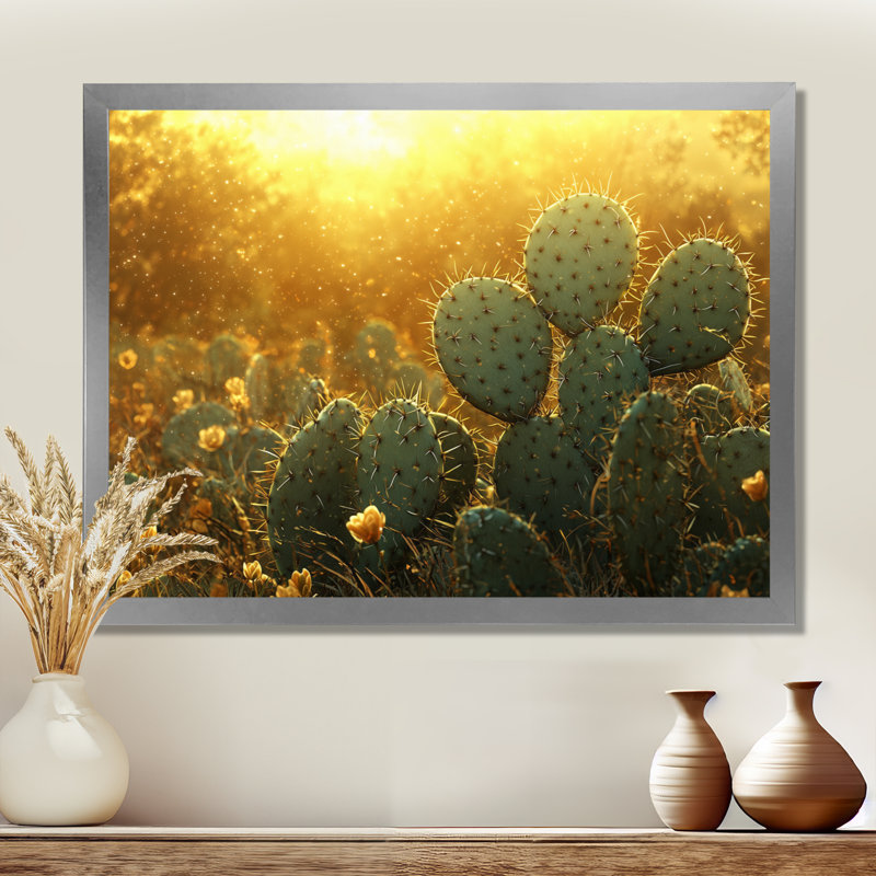 Marisca cactus dans la lumière dorée I - art mural cactus, 16" H x 32" W, Cadre simple, Silver