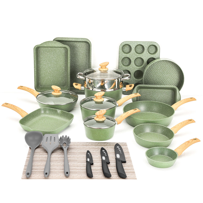30 - Piece Non-Stick Aluminum Cookware Set, Green