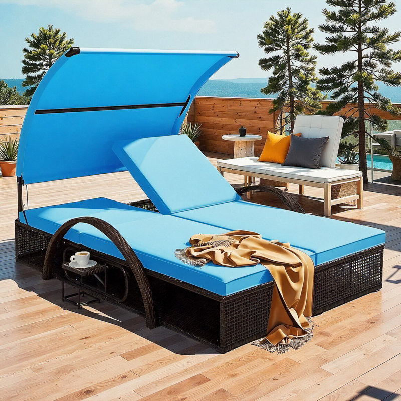 Outdoor Steel Frame Double Sun Lounger, Patio Daybed with 5-Position Adjustable Backrest and Canopy, Hidden Side Table & Arched Armrests, for Pool, Patio, Garden, Backyard