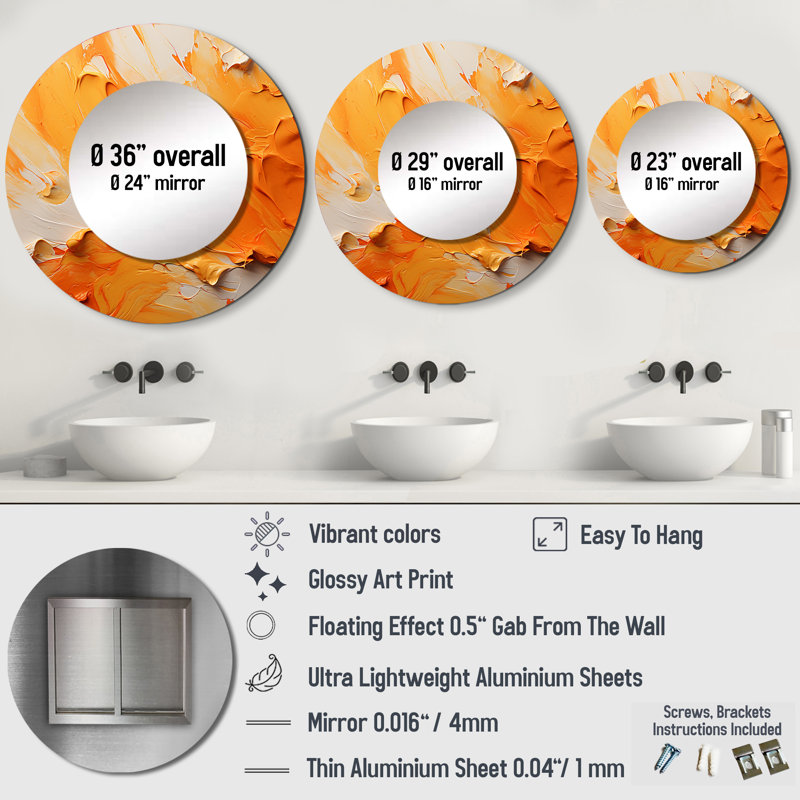 Tangerine Tango I - Landscapes Unique Wall Mirror, Yellow Round Mirror, Printed Metal Art, 29" x 29"