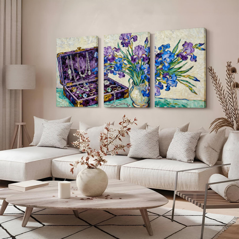 Ensemble de 3 tableaux sur toile tendue représentant des iris et une boîte à bijoux, H 30 po x l 60 po