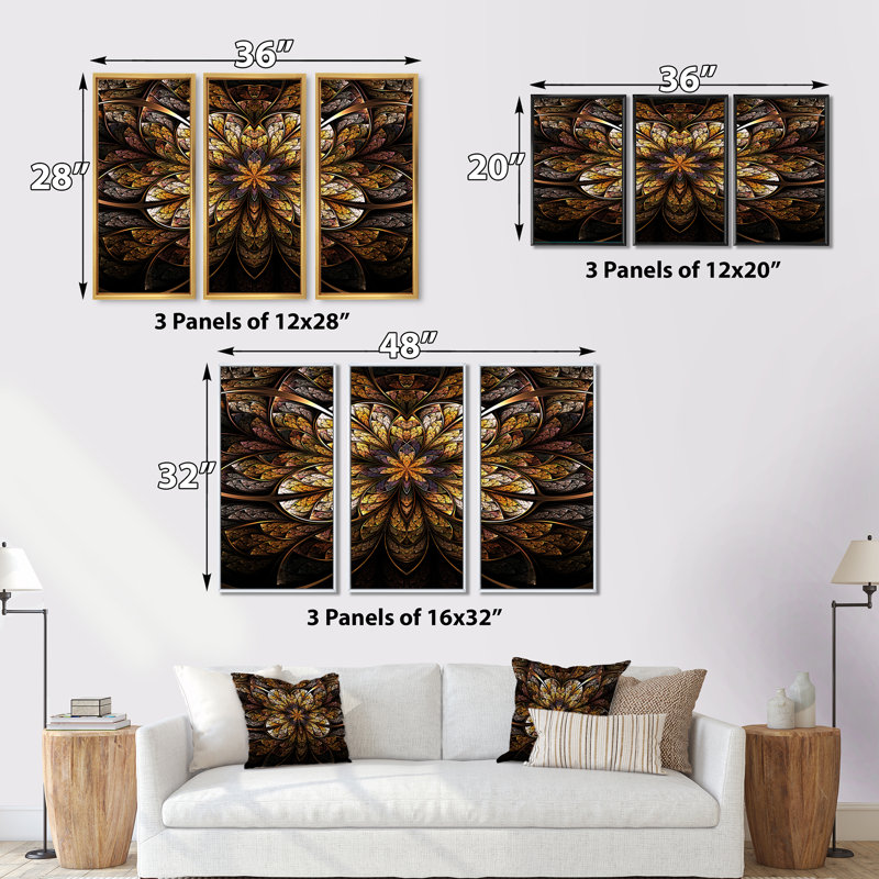 «Bright and Warm Fractal Flower», ensemble d'art mural sur toile moderne encadré de 3, Or, H 32 po x l 48 po x P 1 po