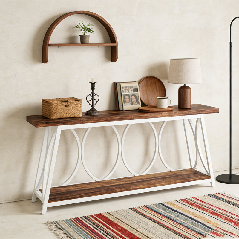 2-Tier Console Table Industrial Sofa Table Behind Couch with Shelves, White & Brown