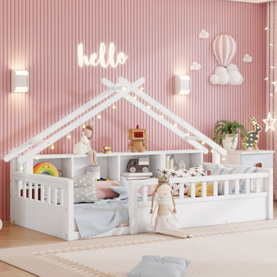   Kids Wood Floor Bed with Roof Frame, LED Light & Storage Bookshelves, Montessori House Floor Bed with Guardrails,White