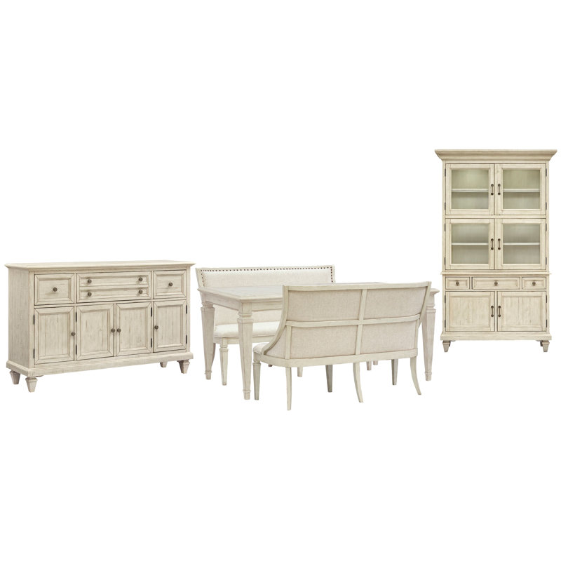 Dariella Extendable Rectangular Dining Table With 2 Upholstered Benches Buffet And Dining Cabinet