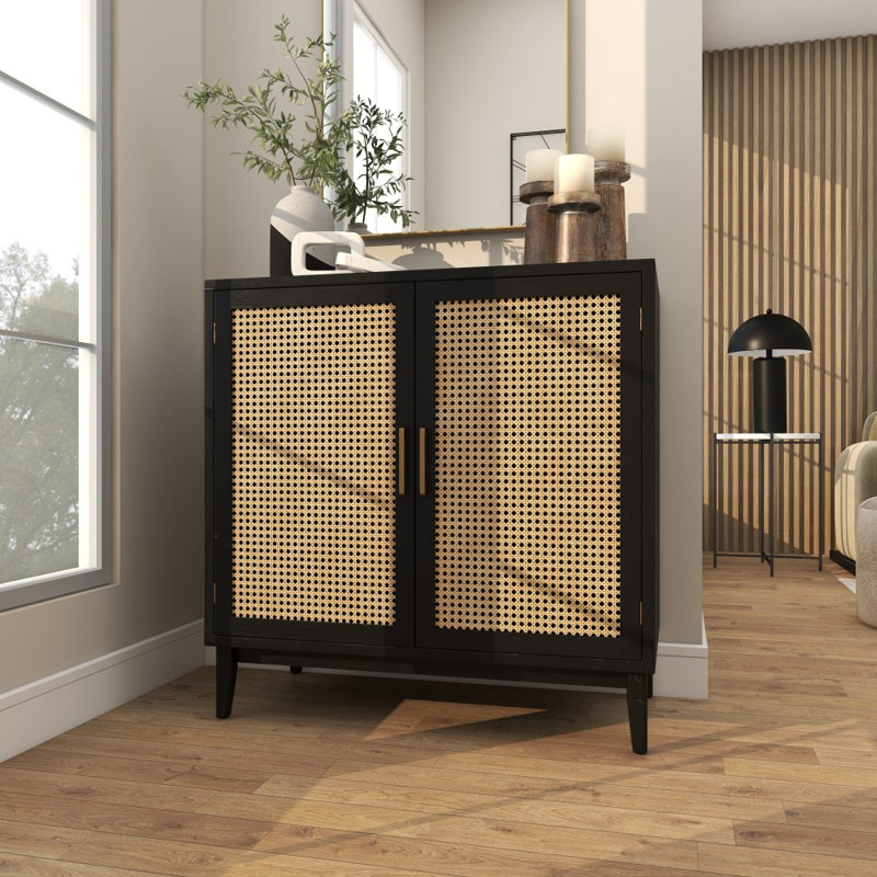Armoire de chambre en bois à 1 tablette et 2 portes avec portes avant en canne et poignées dorées, Noir