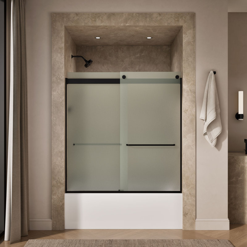 Levity 59.63" x 62" Bypass Bath Door with CleanCoat Technology, Matte Black, Frosted