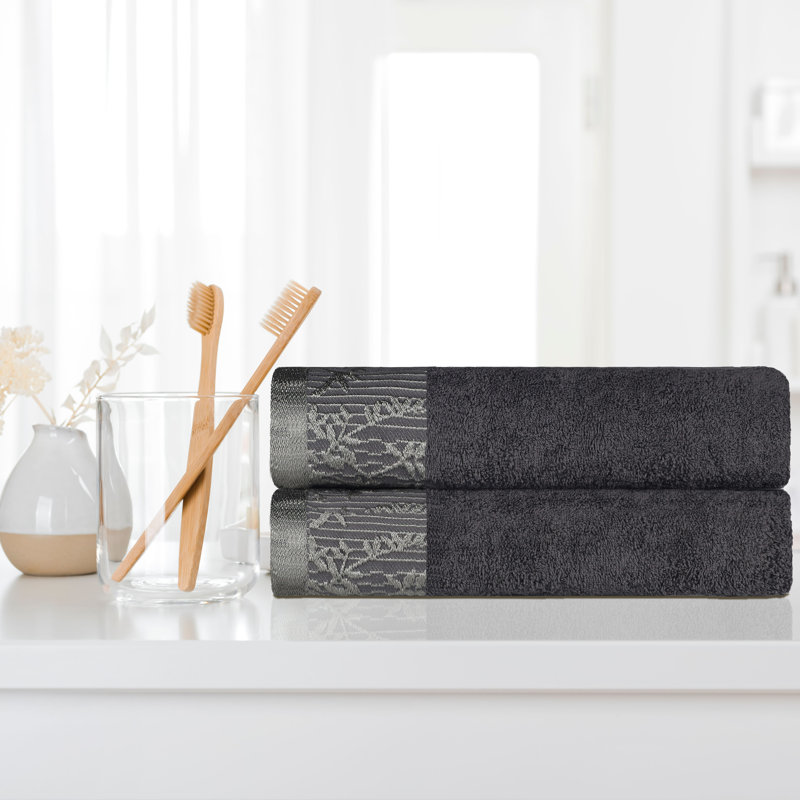 Ensemble de serviettes de bain en coton de poids moyen à bordure florale en jacquard pour la salle de bain Carinna, Gris