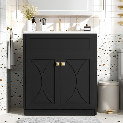Meuble-lavabo 30 po avec lavabo en céramique, armoire de rangement autoportante moderne avec poignées dorées, portes à fermeture douce