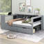 Lit plateforme double en bois avec tablettes de rangement, tiroirs, station de charge USB et tête de lit tapissier, gris