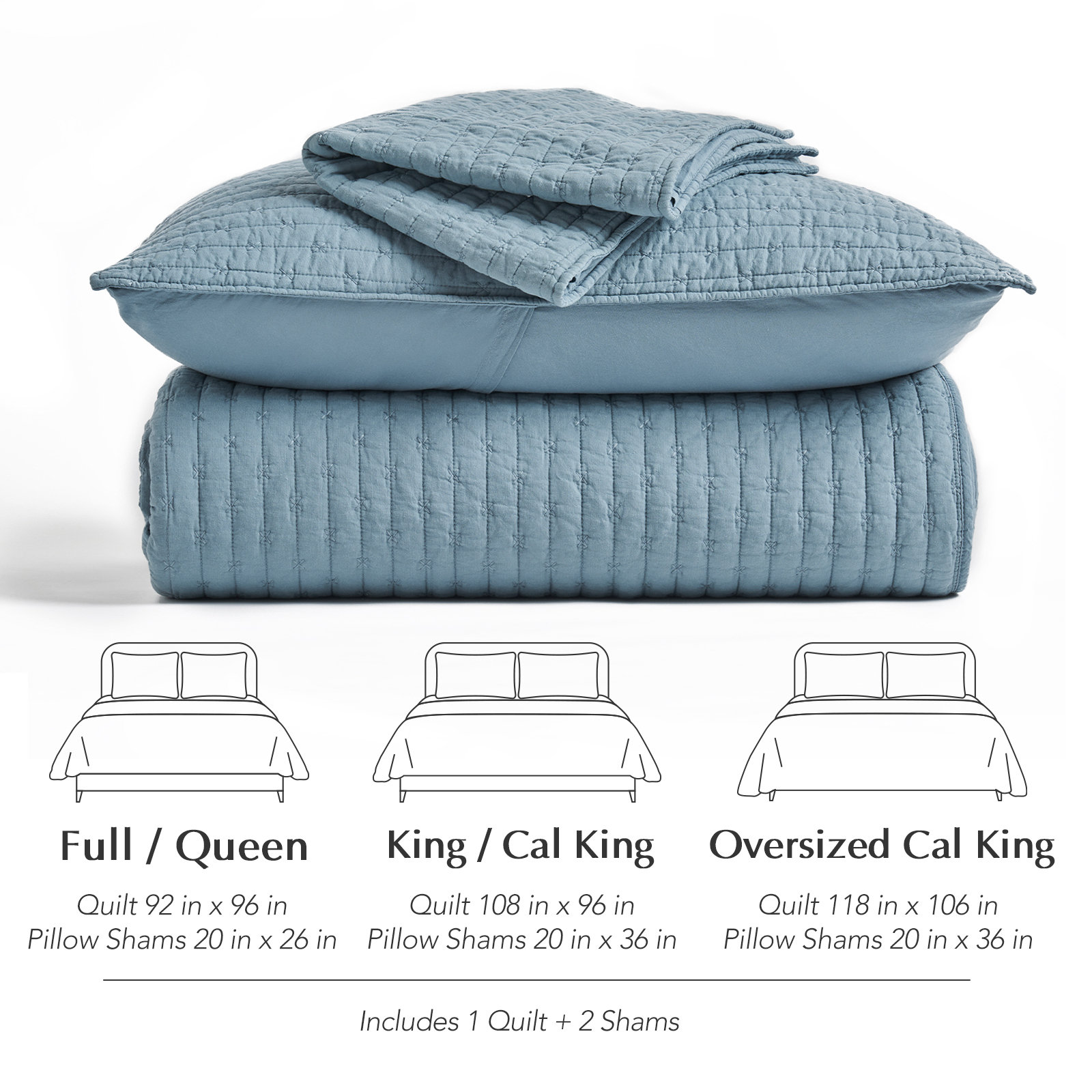 Cotton Quilt Set, Oversized California King + 2 Shams, Dusty Blue
