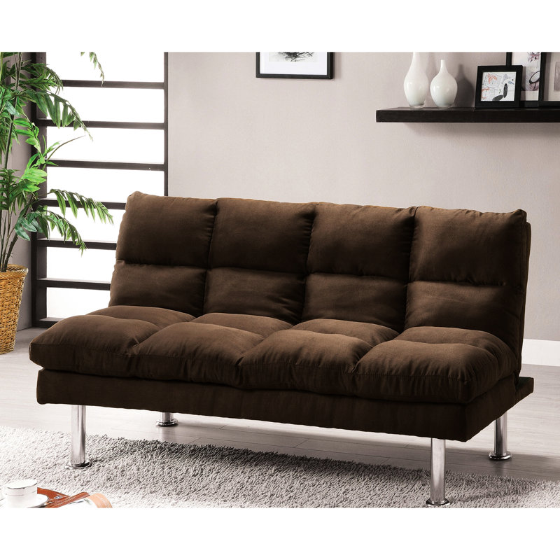 Futon contemporain en microfibre brun foncé avec pieds et support supplémentaire qui se transforme en lit lisse, avec un support de base brun de 67 po de largeur, rapide, l 67 po