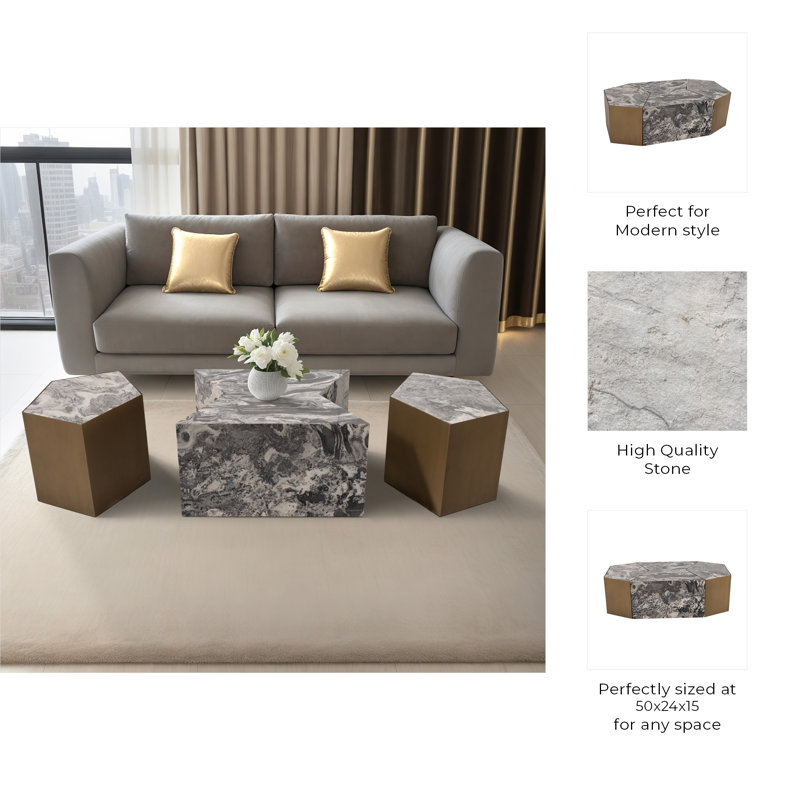 Sagebrook Home 50" 3-Pieces Revere Marble Coffee Table, Brown