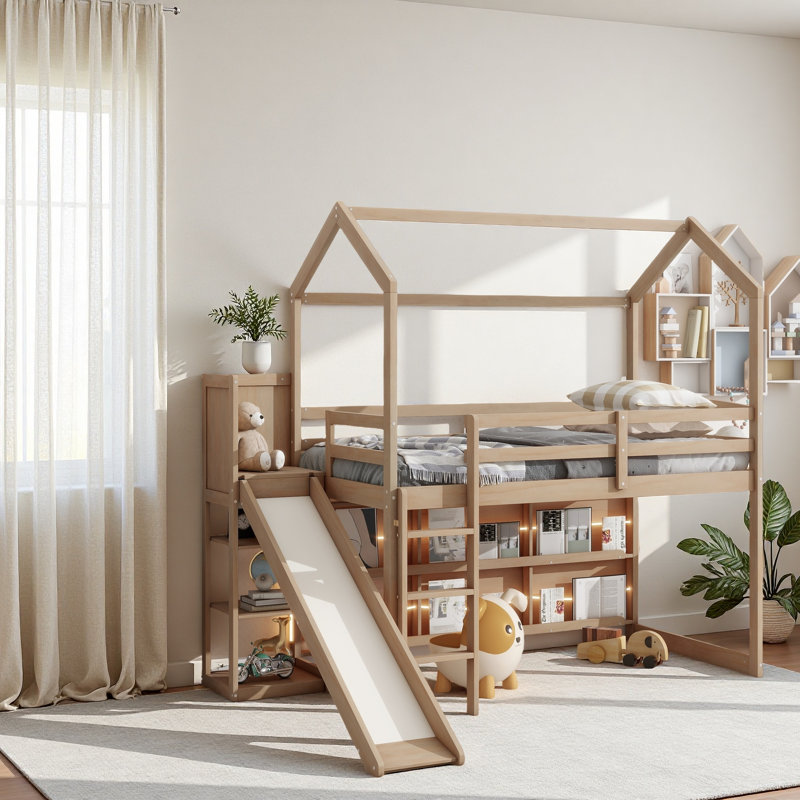 Lit mezzanine simple avec glissade, tablettes de rangement et rampe d'escalade, Bois