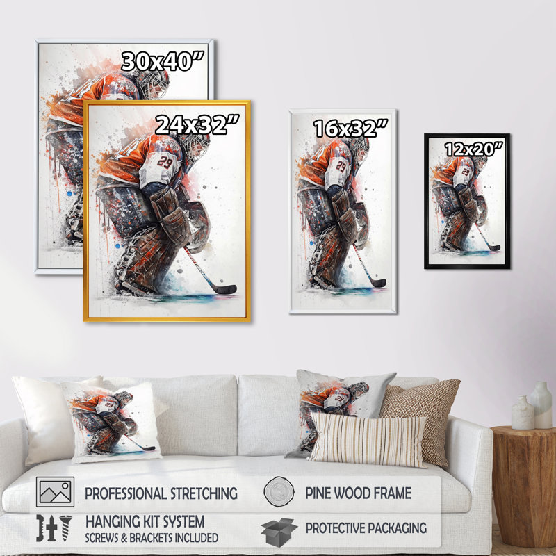 Gardien de but pendant le match de hockey IV - Impression sur toile, H 20 po x l 12 po x P 1 po, Cadre flottant doré