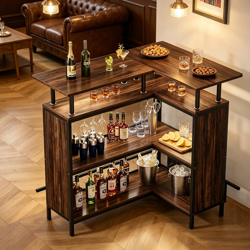 Table de bar - Panneau de fibres à densité moyenne - 1 pièce - Table de bar - Brun - Rangement à plusieurs niveaux