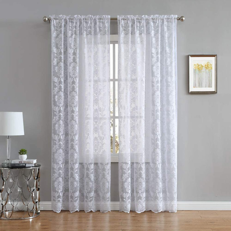 Froehlich Floral Sheer Lace Curtains in Black, Ivory, Linen and White Colors, 54" W x 96" L, White