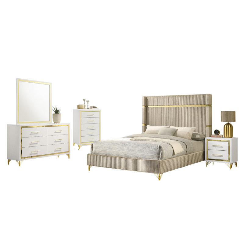 Ensemble de chambre à coucher 5 pièces Jenny, Grand lit, Blanc / Beige / Or