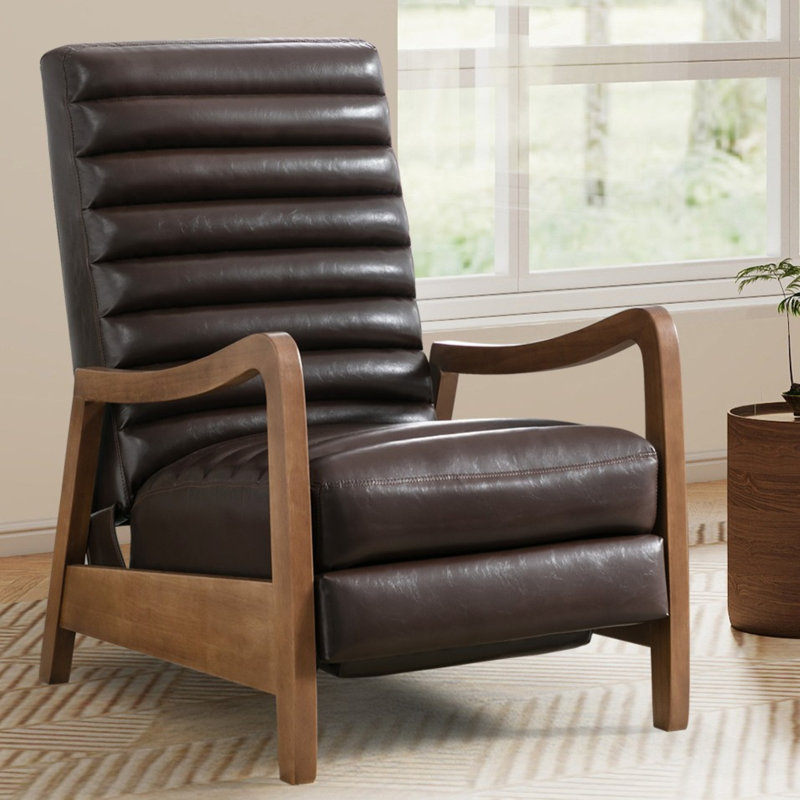 Ikraam Chance 26" Luxurious Oil Wax Upholstered Push Back Recliner with Parawood Frame, Brown 