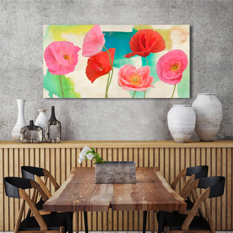 Poppies On Coloured Abstract Background by Teo Rizzardi - Wrapped Canvas Painting, 50cm H x 100cm W x 4cm D