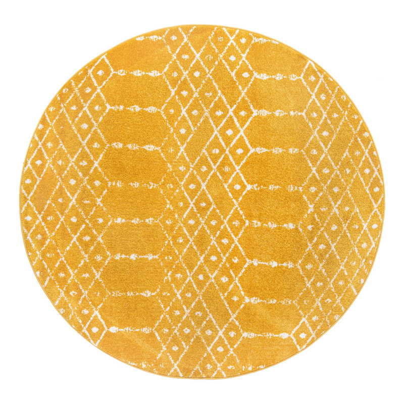 Tapis en polypropylène tissé à la machine à motif géométrique bleu Lazaro, Rond 5 pi 3 po