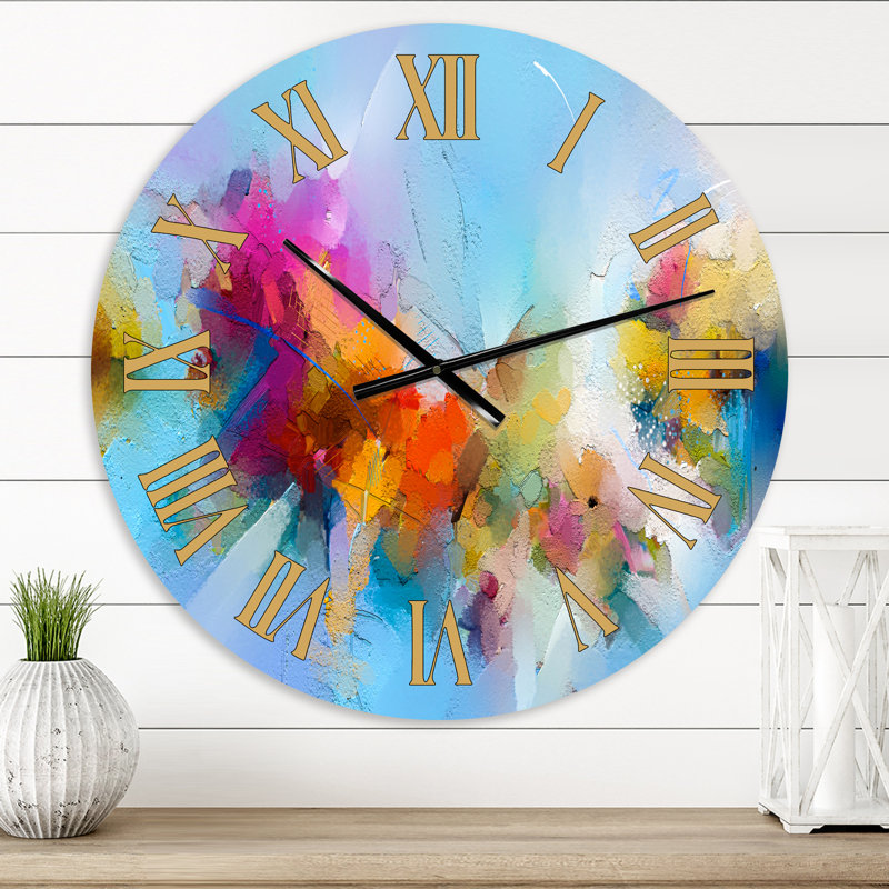 Mauve jaune et bleu abstrait fleur compostion II - horloge murale de ferme, Petit