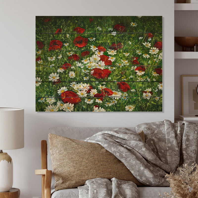 Champ de fleurs rouges et blanches - Impression traditionnelle sur bois rouge, H 8 po x l 12 po x P 1 po