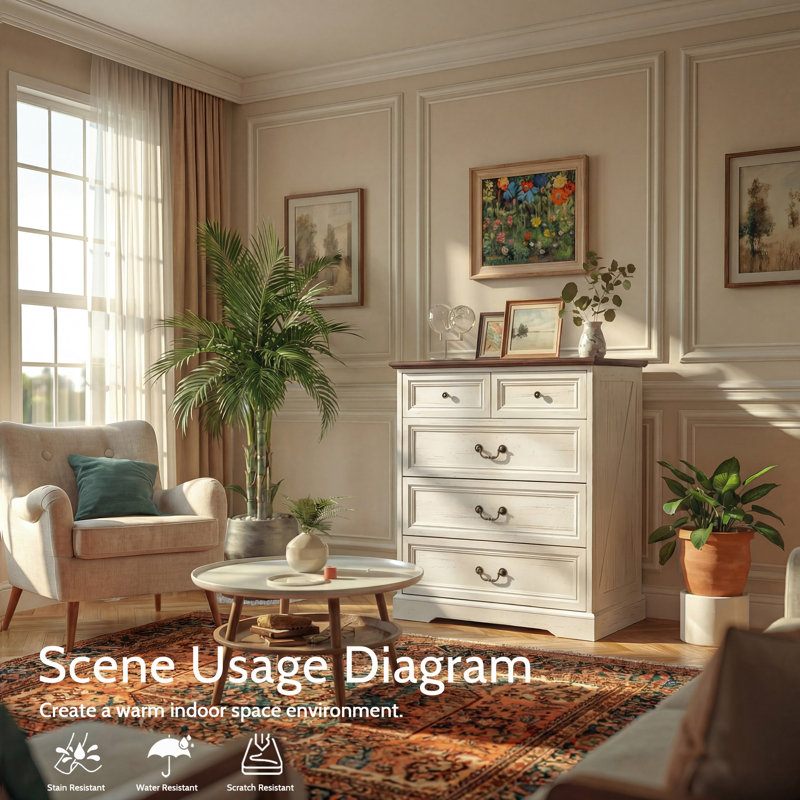 5 Drawers Rustic Accent Chest Cabinet, Brown/White