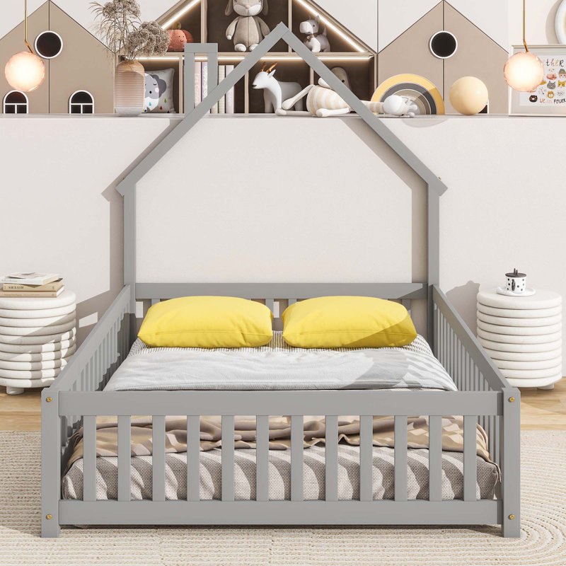 Lit de tête de lit en forme de maison, gris