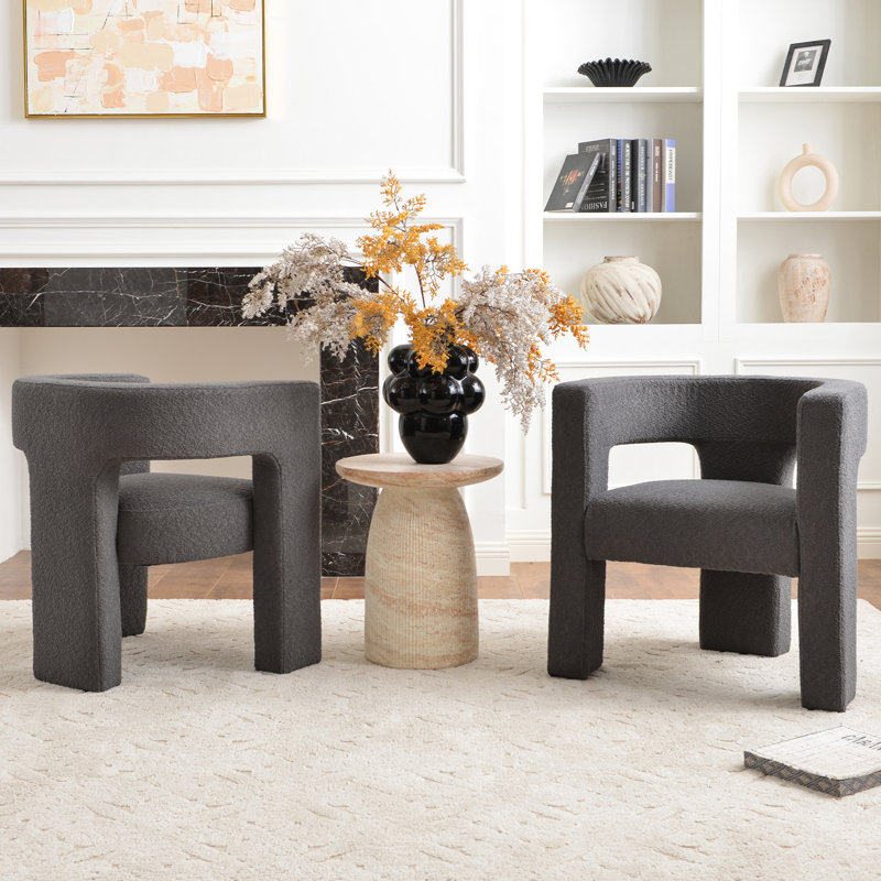 Brodee Boucle Upholstered Square Armchair (Set of 2), Gray Polyester Blend