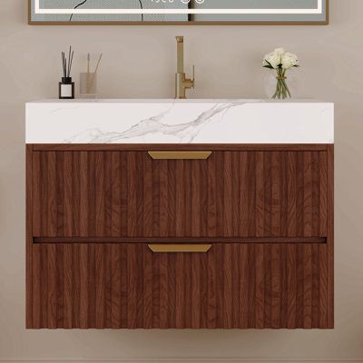 Meuble-lavabo flottant moderne de 30 po avec plateau en pierre frittée sans soudure et lavabo en céramique - 2 tiroirs à fermeture en douceur, fixation murale