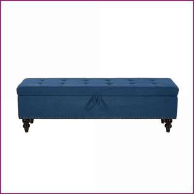 59 Inch Storage Bench for Bedroom/Living Room | Blue Fabric | Cotton Linen