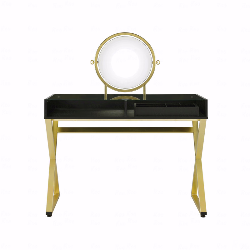 Neddra Black and Gold Vanity Desk with Mirror & Jewelry Tray, Black