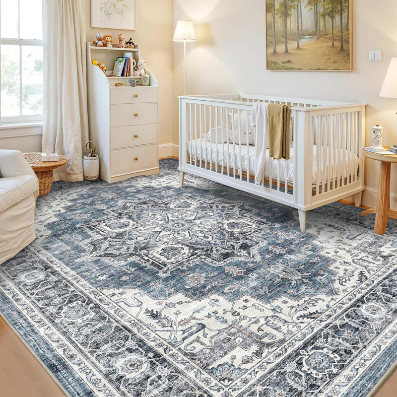 Washable Vintage Area Rug, Ultra-Soft Non-Slip Distressed Low Pile Carpet, Blue, Rectangle 5'x7'