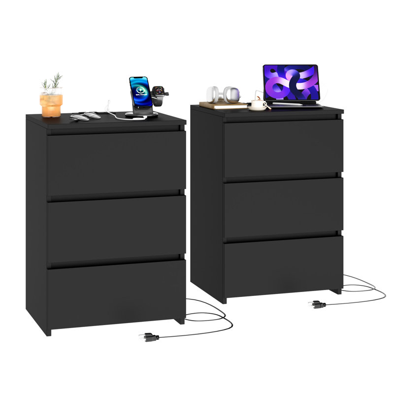 Tables de chevet 3 tiroirs avec prises et ports USB, 2 pièces, Noir, noir, noir, noir