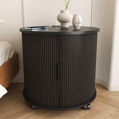 Set of 2 Mid Century Modern Cylinder End Table with Built-in Charging Station & Sliding Door, 2-Tier Storage Round Nightstand with USB Ports, Bedside Table for Living Room, Bedroom, Entryway