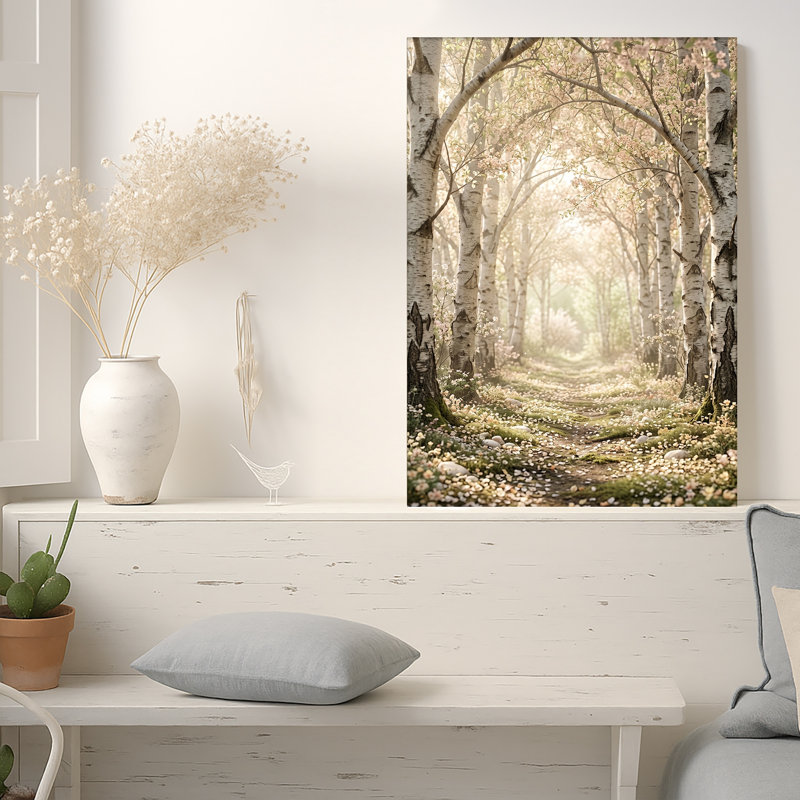 «Misty Morning Path Through White Birch Trees with Pink Blossoms», art mural sur toile, 24"H x 18"W