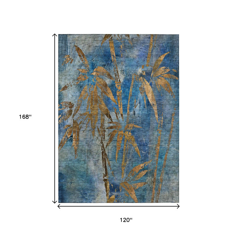 Tapis lavable intérieur/extérieur à motifs botaniques bleus et bruns (3 m x 4,2 m).