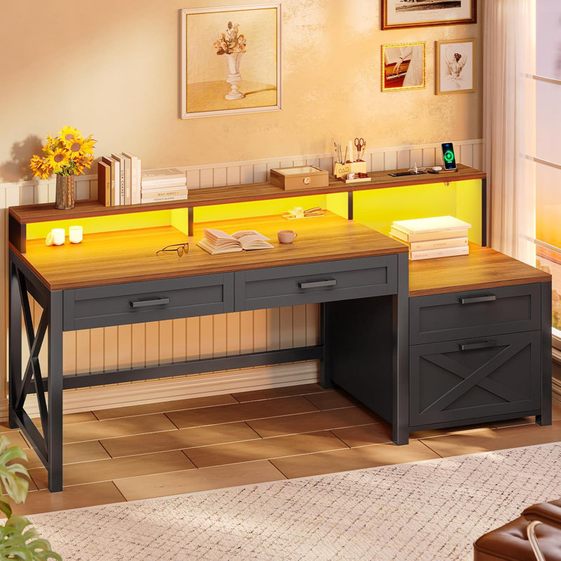 55" Office Desk With 4 Drawers, Computer Desk With File Drawer & Power Outlet, Home Office Desk With Storage Shelves & Printer Cabinet